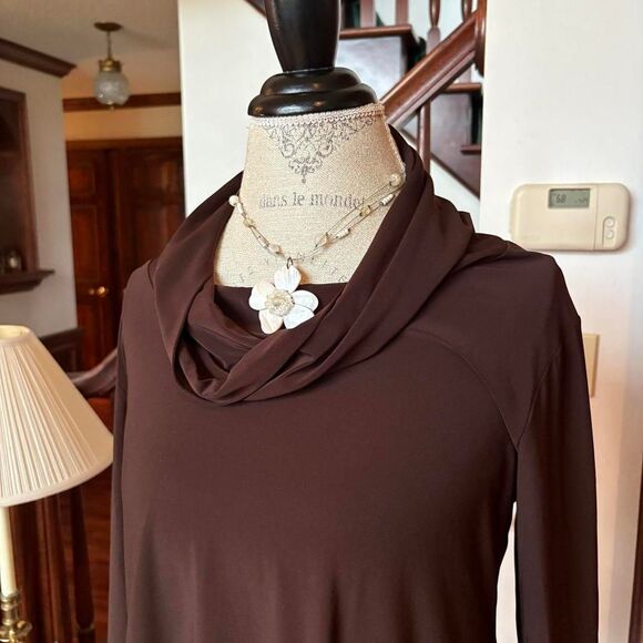 Brown Vintage Tunic Blouse Long Sleeve Pockets Cowl Neckline Cover Charge - Picture 3 of 6